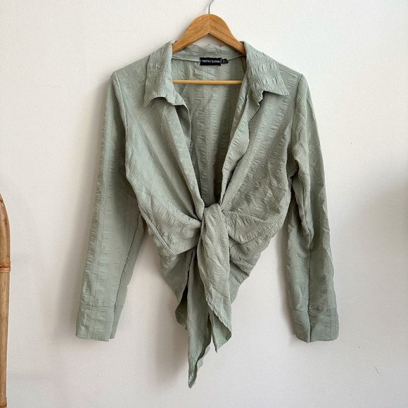 PRETTY LITTLE THING SAGE GREEN WRAP FRONT TIE BLOUSE LIGHT WEIGHT - Picture 1 of 6